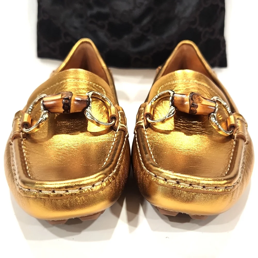 NEW!! Gucci Bamboo Horsebit Gold Leather Driving Shoes Loafers 155162  Size 5B